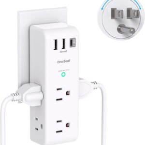 Surge Protector Outlet Extender with Rotating Plug - One Beat 6 AC Multi Plug Outlet with 3 USB Ports (1 USB C), 1800J Wall Charger, 3-Sided Power Strip Spaced Outlet Splitter for Home Office Travel