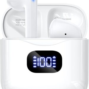 Wireless Earbuds Bluetooth 5.3 Headphones, 40Hrs Playback Stereo Ear Buds with LED Display Charging Case IPX7 Waterproof in-Ear Earphones with Mic for Phone Tablet Laptop Sports, White