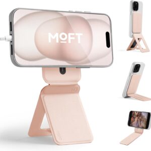 MOFT Phone Tripod Stand Selfie Stick for iPhone, Multi-Angles iPhone Stand, Lightweight & Portable Phone Holder, Strong Magnets, MOVAS Vegan Leather, Travel Essentials, Peach Pink (Without Card Slot)