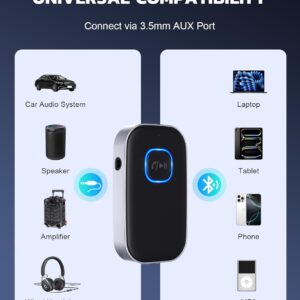 COMSOON Bluetooth Receiver for Car, Noise Cancelling 3.5mm AUX Bluetooth Car Adapter, Wireless Audio Receiver for Home Stereo/Wired Headphones, Hands-Free Call, 16H Battery Life – Black+Silver