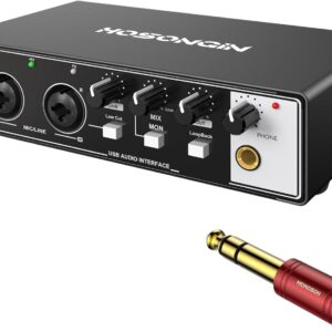 HOSONGIN USB Audio Interface for PC & Mac, Budget-Friendly 24-bit/192kHz Sound Card, Plug-and-Play Mixer for Beginners, Guitar, Podcast, and Streaming with 48V Phantom Power