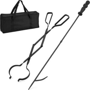 Heavy Duty 32 inch Long Campfire Bonfire Poker Stick 25 Inch Fireplace Tong with Travel Bag, Fire Pit Wood Stove Accessories Tools Log Grabber, Rust Resistant, Black Finish for Indoor and Outdoor use