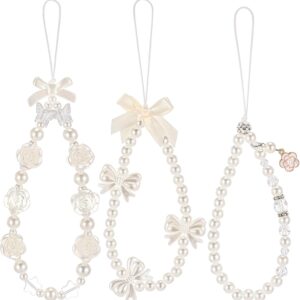 Ecally 3 Pcs Phone Charms Strap Beaded Pearl Butterfly Flower Phone Strap Cute Lanyard Chain for Camera Keychain Wallet Pendant Decor