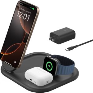 Belkin 3-in-1 MagSafe-Compatible iPhone Charger 15W, Foldable Magnetic Qi2-Certified Wireless Charging Station for iPhone 16, Apple Watch Series 10, AirPods 4, and More, w/Non-Slip Base & PSU - Black