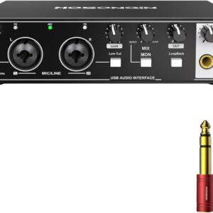 HOSONGIN USB Audio Interface for PC & Mac, Budget-Friendly 24-bit/192kHz Sound Card, Plug-and-Play Mixer for Beginners, Guitar, Podcast, and Streaming with 48V Phantom Power