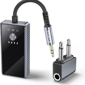 Xumee Airplane Bluetooth 5.2 Transmitter for 2 AirPods or Headphones, aptX Low Latency, 3.5mm AUX Jack & Bluetooth Receiver – Wireless Audio Adapter for Plane Travel, TV, Gym,Car,Speakers (Grey)