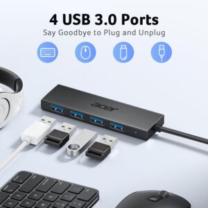 Acer USB Hub 4 Ports, Multiple USB 3.0 Hub, USBA Splitter for Laptop with Type C Power Port, Extender for A Port Laptop, PC, Desktop and More (2ft)