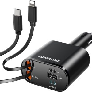 Retractable Car Charger 4 in 1 Fast Car Phone Charger Adapter with Type C & Apple Cords Compatible with iPhone 16/15/14/13/12/11, Galaxy, Pixel