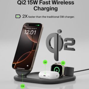 Belkin 3-in-1 MagSafe-Compatible iPhone Charger 15W, Foldable Magnetic Qi2-Certified Wireless Charging Station for iPhone 16, Apple Watch Series 10, AirPods 4, and More, w/Non-Slip Base & PSU – Black