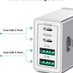 [2-Pack] USB C Wall Charger, 40W Fast USB C Charger Block, 4-Port PD Power Adapter + QC Wall Plug Multiport Type C Charging Block Cube Compatible with iPhone 16 15 14 13 12 11 Pro Max XR XS 8, Samsung