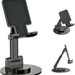 Phone Stand for Desk, 360 Degree Rotating Phone Stand Adjustable Cell Phone Stand Accessories Portable Smart Phone Stands Foldable Holder for Desk Home Office (Black)