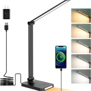 LED Desk Lamp with USB Ports,Touch Desk Lamps for Home Office with 5 Color Modes,3 Brightness Desk Light with Small Night Light,Reading Lamp Table Lamp for Bedroom Bedside Study Black （with adapter）
