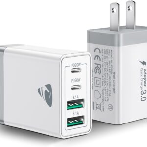 [2-Pack] USB C Wall Charger, 40W Fast USB C Charger Block, 4-Port PD Power Adapter + QC Wall Plug Multiport Type C Charging Block Cube Compatible with iPhone 16 15 14 13 12 11 Pro Max XR XS 8, Samsung
