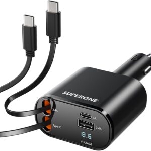 SUPERONE Retractable Car Charger for iPhone with Dual Type C Cables, 4 in 1 USB C Car Charger Adapter with PD 60W Fast Charging Compatible with iPhone 16 15 14 13 12 11 Pro/XS/XR/SE/iPad/Airpods