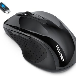 TECKNET Rechargeable Jiggler Wireless Mouse (BT5.0/3.0 & 2.4G) 4800 DPI Silent USB A & Bluetooth Mouse 6 Buttons, Wide Compatibility - Black