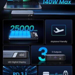 UGREEN Power Bank 25,000mAh 145W Laptop Portable Charger, Nexode 3-Port USB C PD Battery Pack, for MacBook Pro/Air, Dell XPS, iPhone 16/15/14, Galaxy S24, Steam Deck, iPad, and More