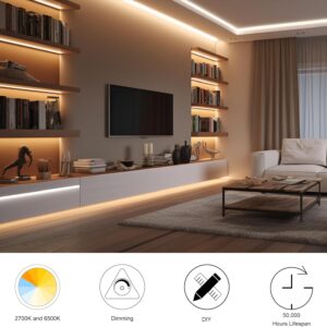 CCT COB LED Strip Lights, 32.8ft Dimmable 2700K-6500K 24V Tunable White LED Light Strip Kit, High Density CRI 90+ LED Strips with Remote Controller and Power Supply, for Bedroom Kitchen Home Lighting