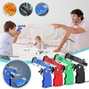 Kids Toys Cool Keychain Rubber Band Launcher Toy 4pcs Mini Metal Folding Rubber Launcher Toy with 240 Elastic Rubber Bands for Game Outdoor Activities (4 Colors)