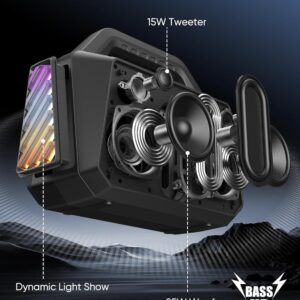 Bluetooth Speaker Wireless – Portable Loud Speakers 80W Peak, 20H Playtime, Light Show, TWS, Deep Bass, BT 5.3, IPX6 Waterproof for Outdoor Travel Camping Beach Pool – Black