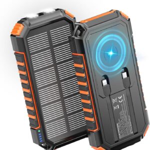 Riapow Solar Charger Power Bank: 27000mAh Wireless Portable Charger Built-in Cables - 22.5W Fast Charging Battery Bank with USB C - PD QC3.0 External Battery Pack for Phone - 2 Flashlights for Outdoor