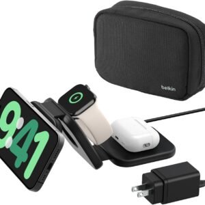 Belkin MagSafe Charger Compatible 3-in-1 Magnetic Charging Travel Pad 15W-BoostCharge Pro Foldable Qi2-Certified Wireless Charger, MagSafe-Compatible Charger for iPhone 16 Series, Apple Watch, AirPods