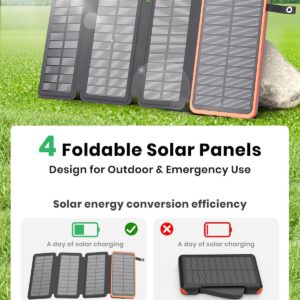 Hiluckey Solar Charger 25000mAh, Outdoor USB C Portable Power Bank with 4 Solar Panels, 3A Fast Charge External Battery Pack with 3 USB Outputs Compatible with Smartphones, Tablets, etc.