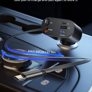 Retractable Car Charger 4 in 1 Fast Car Phone Charger Adapter with Type C & Apple Cords Compatible with iPhone 16/15/14/13/12/11, Galaxy, Pixel