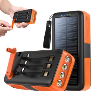Solar Charger Power Bank 63200mAh Portable Charger Fast Charging External Battery Pack Built in 4 Cables, Hand Crank Power Bank for Cell Phones, SOS/Strobe/Strong Flashlights
