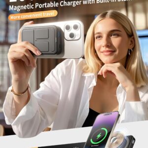 Magnetic Portable Charger, 10000mAh Wireless Power Bank with 20W USB-C Fast Charging, Foldable Stand & LED Display Magnetic Battery Pack, Compatible with iPhone 16/15/14/13/12 All Series