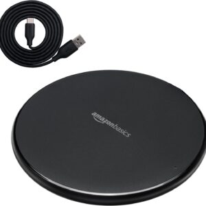 Amazon Basics 15W Qi Certified Wireless Charging Pad for iPhone 16/15/14/13/12/11/X, Samsung and More, with USB Cable, Black