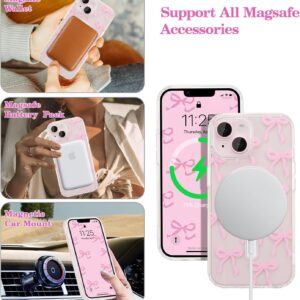 UEEBAI Magnetic for iPhone 14 & iPhone 13 Case, Bow Case Compatible with MagSafe, Wireless Slim Clear Ribbon Phone Cover Anti-Yellowing Shockproof Protective Cover for Women Girl – Pink