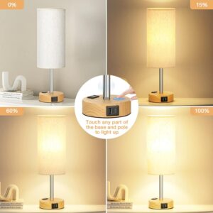 Bedside Table Lamp for Bedroom – 3 Way Dimmable Touch Lamp USB C Charging Ports and AC Outlet, Small Lamp Wood Base Round Flaxen Fabric Shade for Living Room, Desk, LED Bulb Included