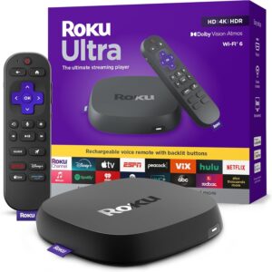 Roku Ultra 2024 - Ultimate Streaming Player - 4K Streaming Device for TV with HDR10+, Dolby Vision & Atmos - Bluetooth & Wi-Fi 6- Rechargeable Voice Remote Pro with Backlit Buttons - Free & Live TV
