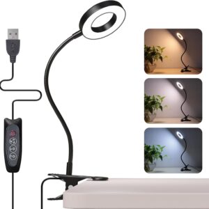 Foneso Desk Lamp Clip on Light, 48 LED USB Lamp with 3 Color Modes 10 Brightness Levels, 360° Flexible Gooseneck Eye Protection Bed Night Light for Reading, Makeup, Craft (Black)