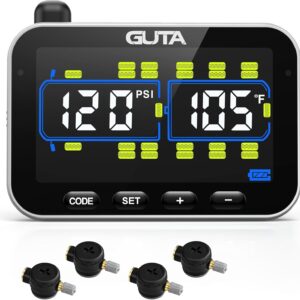 GUTA Tire Pressure Monitoring System, RV Trailer TPMS with 4 Flow Thru Sensors & Color LCD Display, 6 Alert Modes, Long-Distance Sensing, for Trailer, Trucks, Motor Home (0-188 PSI)