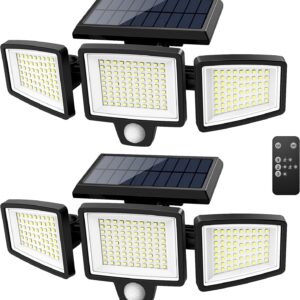 Tuffenough Solar Outdoor Lights 2500LM 210 LED Security Lights with Remote Control,3 Heads Motion Sensor Lights, IP65 Waterproof,270° Wide Angle Flood Wall Lights with 3 Modes(2 Packs)