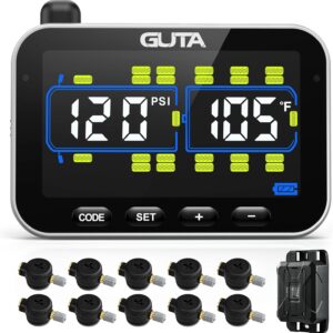 GUTA Tire Pressure Monitoring System, RV Trailer TPMS with 10 Flow Thru Sensors & Color LCD Display, 6 Alert Modes, Signal Booster, Long-Distance Sensing, for Trailer, Trucks, Motor Home (0-188 PSI)