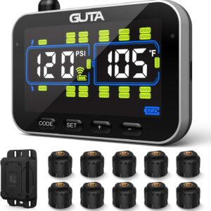 GUTA Trailer Tire Pressure Monitoring System, RV Tire Pressure Monitor with 10 Sensors, 6 Alert Modes, Signal Booster, Large Color Display, Long Sensing Distance, 0-188PSI TPMS for RV Trailer Semi