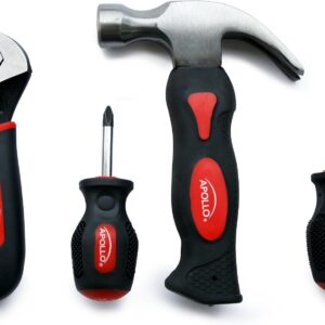 Apollo Tools 4 Piece Stubby Tool Set for Small Hands and Tight Spaces. Convenient and Compact Small Tool Set includes Mini Hammer, Mini Screwdriver Set and Mini Wrench - Red - DT0240