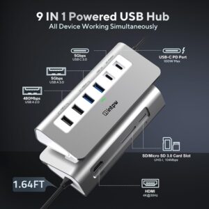 USB C Hub, INTPW 9-in-1 USB C Hub Multiport Adapter with 4K HDMI, PD 100W, Type-C and 2 USB A 3.0 5Gbps, 2 USB A 2.0, SD/TF Card Reader, Aluminum USB Hub for Laptop, iPhone 16/15 Series, MacBook, iPad