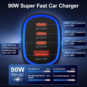 90W Samsung Car Charger USB C for Samsung Galaxy A16 5G A36 A26, 4-Port USBC & USB-A Super Fast Charging Car Phone Charger Cigarette Lighter Adapter Cargador Carro for Galaxy S25 Ultra S25 Edge A56