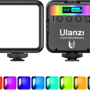 ULANZI VL49 RGB Video Lights, LED Camera Light 360° Full Color Portable Photography Lighting w 3 Cold Shoe, 2000mAh Rechargeable CRI 95+ 2500-9000K Dimmable Panel Lamp Support Magnetic Attraction