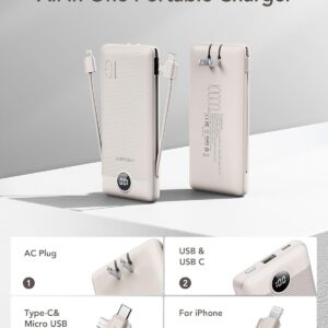 VEGER Portable Charger for iPhone with Built in Cables and Wall Plug, 10000mah Slim Fast Charging USB C Power Bank, Travel Essential Battery Pack Compatible with iPhone, iPad, Samsung etc(Coffee)