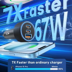 USB C Car Charger, 3-Port 67W Dual USB-C & USB-A Car Power Adapter PD/QC Fast Charging Cigarette Lighter for iPhone 16/15/14/13/12/11/Pro Max, iPad, Samsung Galaxy S25 S24/S23/S22/S21, Pixel, Android