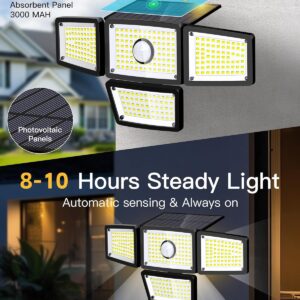 4 Heads Sensor Lamp Solar, Motion Sensor Outdoor Lights 3000LM, 283 LED,6500 K, Motion Sensor, IP65 Waterproof, 270° Wide Angle, Security Floodlight for Backyard, Patio, Driveway(2Pack)