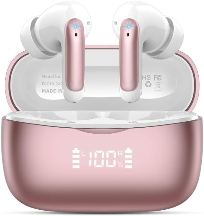 Wireless Earbuds, Bluetooth 5.4 Headphones In Ear with 4 ENC Noise Cancelling Mic, Ear buds with HiFi Stereo Deep Bass, 38H Playtime, Ultra Light IPX7 Waterproof for Android iOS, USB-C, Rose Gold