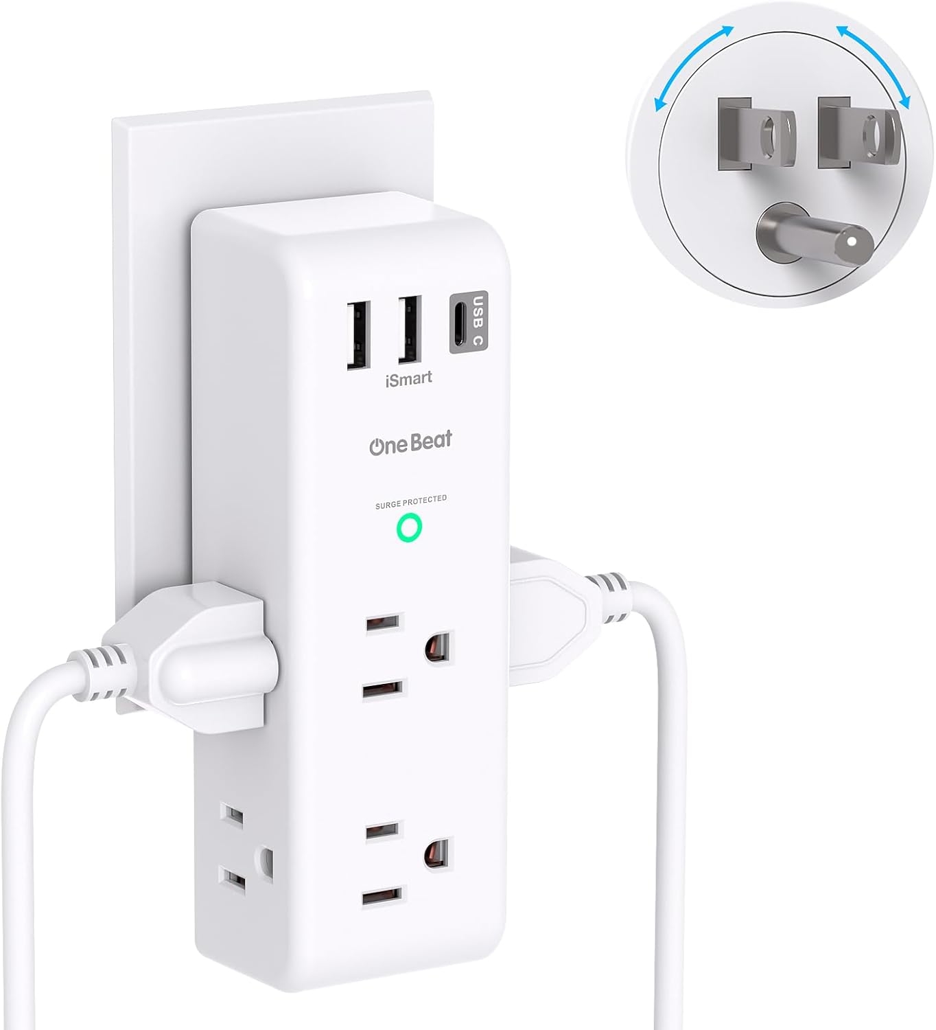Surge Protector Outlet Extender with Rotating Plug – One Beat 6 AC Multi Plug Outlet with 3 USB Ports (1 USB C), 1800J Wall Charger, 3-Sided Power Strip Spaced Outlet Splitter for Home Office Travel