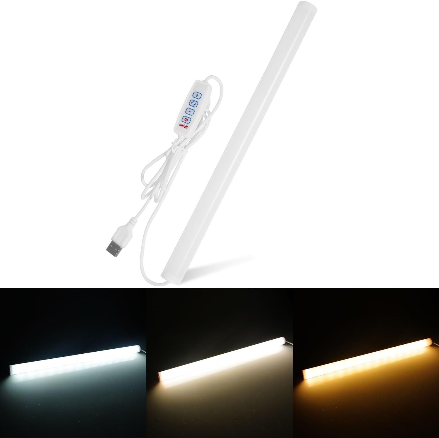 12 Inch LED Light Bar USB Powered 3 Colors White, Warm White, Yellow, with Switch, Magnetic Dimmable Frosted Cover, for Under Monitor Desk Cabinet, 3D Printer, Over Sink