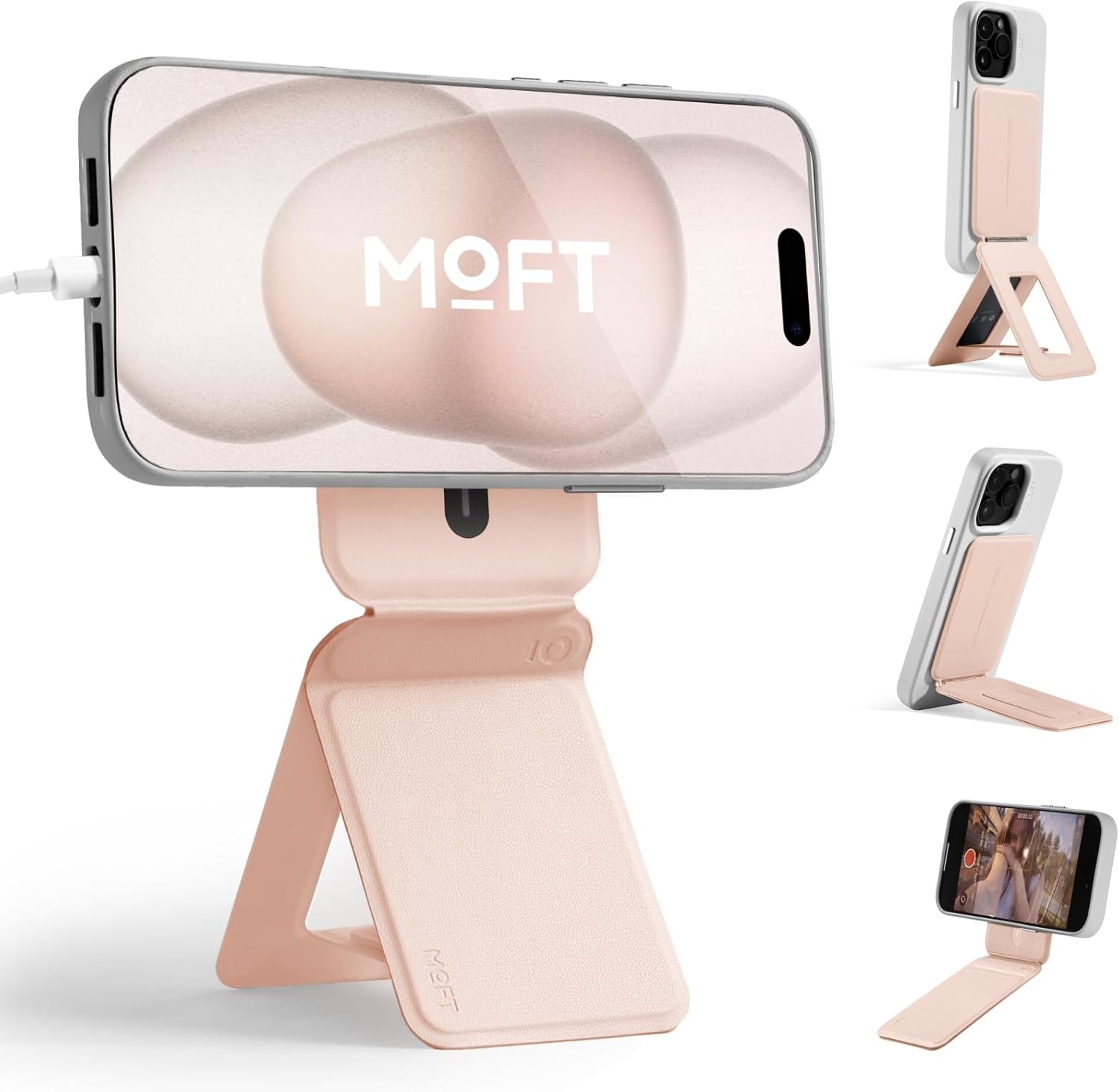 MOFT Phone Tripod Stand Selfie Stick for iPhone, Multi-Angles iPhone Stand, Lightweight & Portable Phone Holder, Strong Magnets, MOVAS Vegan Leather, Travel Essentials, Peach Pink (Without Card Slot)