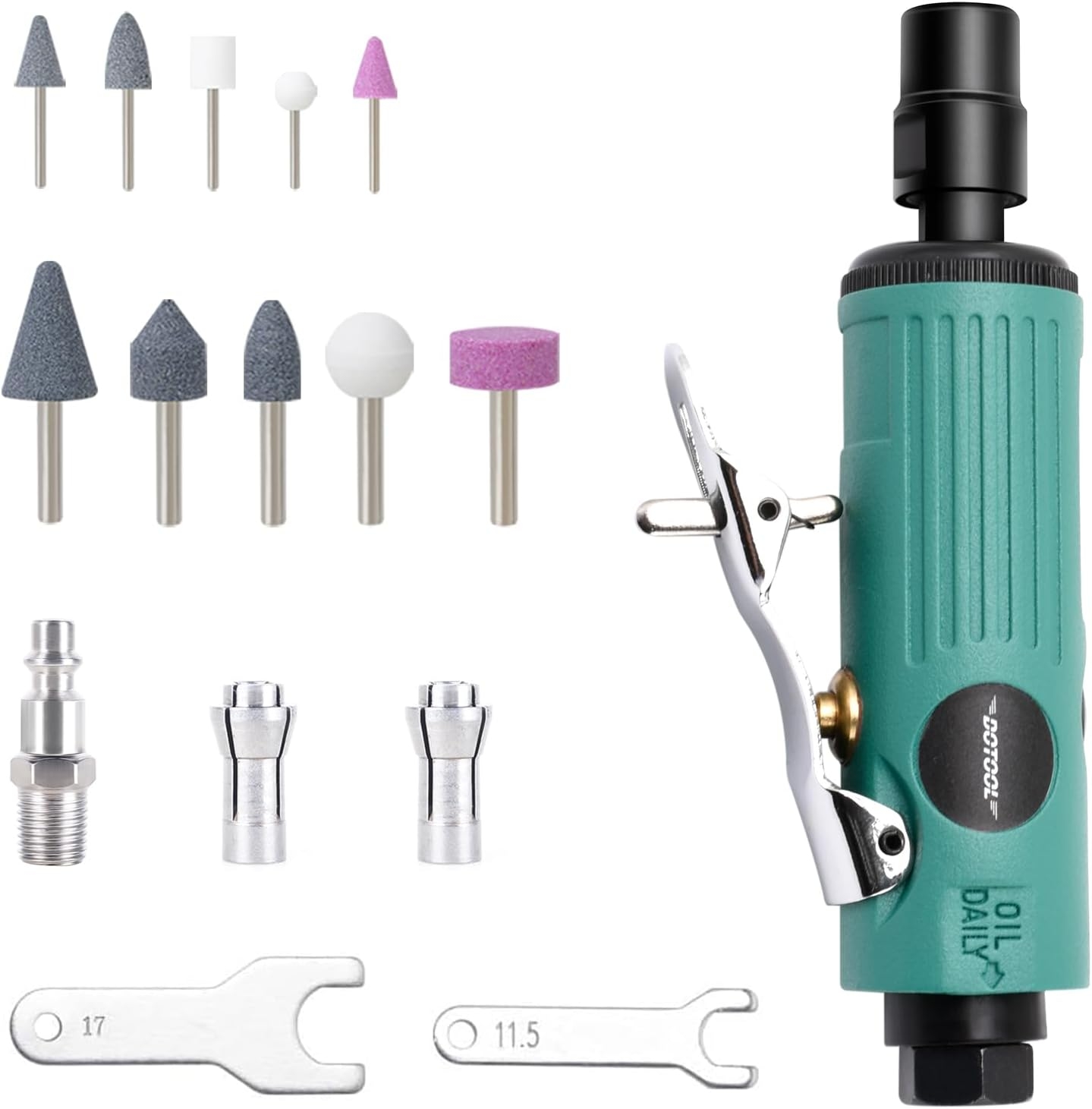 1/4″ Air Die Grinder Kit Straight Pneumatic 22000 RPM Rear Exhaust Polisher with 1/4″(6MM) and 1/8″(3MM) Collets Mini and Compact Size, Polishing Tool